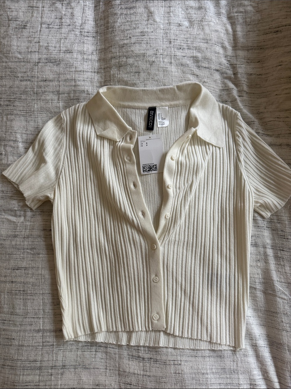 NWT Cream Ribbed Short-Sleeve Button-Front Polo
